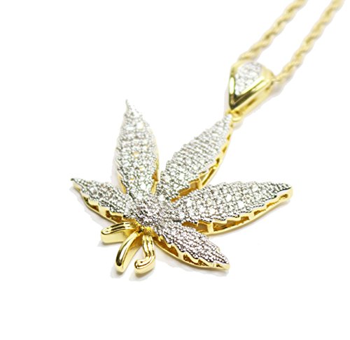 Pendentif feuille de marijuana or glacé idée cadeau avec collier chaîne de 24 pouces