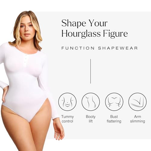 Image of Popilush Long Sleeve Shapewear Bodysuit Tummy Control Henley Button Up Modal Scoop Neck Body Suit Tank Tops