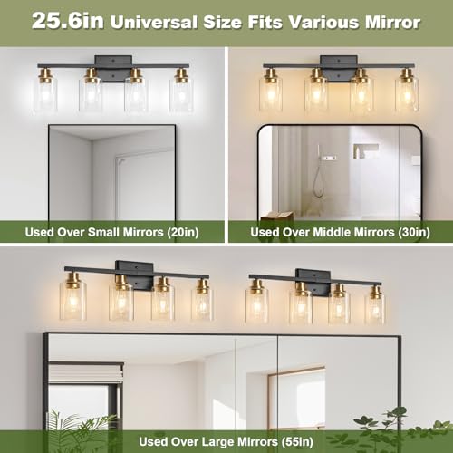 Image of Unicozin Modern Bathroom Light Fixtures, 4 Light Vanity Lights Over Mirror, Black and Gold Wall Lamp with Clear Glass for Living Room Cabinet Bedroom Porch
