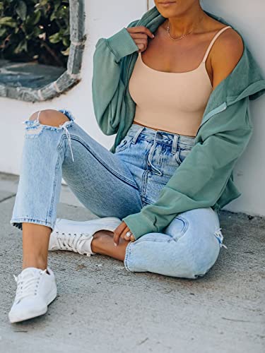 Reoria Women's Summer Sexy Sleeveless Adjustable Spaghetti Strap Cami Camisole Basic Fitted Seamless Yoga Cropped Tank Cute Crop Tops Nude Medium #TOP2