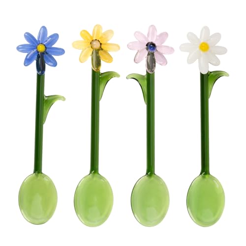 4 Pcs Flower Glass Spoons,5.9 inch Colorful Transparent Long Handled Coffee Stirring Spoons Cocktail Stirrer for Home Bar & Party Gathering