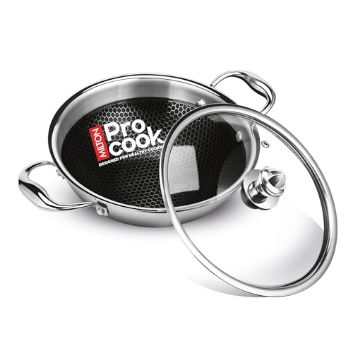 Image of MILTON Pro cook Induction Cookware & Gas Stove Friendly Triply Hexa Tech Stainless Steel Kadhai with Glass Lid 20 cm | 3 Layer Heavy Bottom Kadai for Cooking | Easy to Clean | 3 Years Warranty