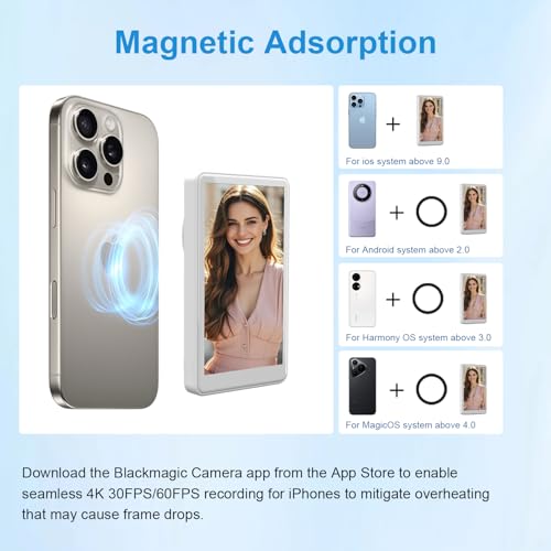 Handy Selfie Monitor Drahtlos 4K mit Magnethalterung & Fernbedienung, HD Bildschirm für iPhone Android, Content Creator Equipment für Live-Stream TikTok YouTube Video Vlog (Weiß)
