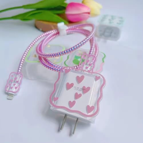 Image of Compatible with iPhone Cute Cat Charger Case Cover | Cartoon Character Silicone Charger Case Cover for 18-20W 360 Degree Full Protection Cover (Pink Heart Print)