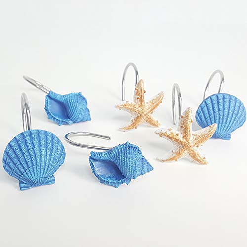 Shower Curtain Hooks, 12Pcs Seashell Anti Rust Decorative Resin Shower Curtain Rings Hooks For Bathroom Shower Rods Curtains Window Hangings Holder #TOP4
