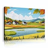 田舎のスタイルのキャンバスプリントウォールアート田舎の田んぼの小川家ホームオフィスの壁の装飾のためのストレッチ絵画70x105cmインナーフレーム