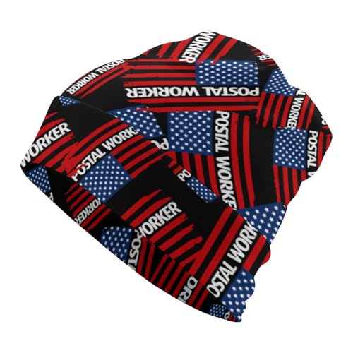 U.S. Postal Worker Flag Novelty Beanie Hat Funny Skull Cap Winter Warm Cuffed Pullover Sleep Hats Gifts Unisex