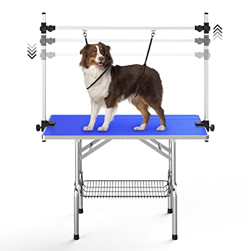 Image of Lyromix 46'' Stainless Steel Pet Dog Grooming Table, Arm /Noose /Tray, Blue