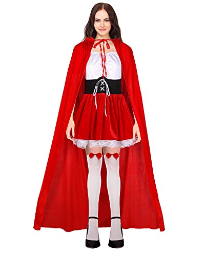 4 Pcs Women's Riding Hood Costume Halloween Party Dress with Red Hooded Cloak White High Socks Picnic Basket (XXS) - Thumbnail 6