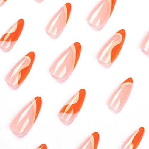 Foccna Press On Nails Medium, Almond Fake Nails Acrylic Swirls Orange False Nails,Artificial Nails For Women And Girls,24 Pcs  #TOP2