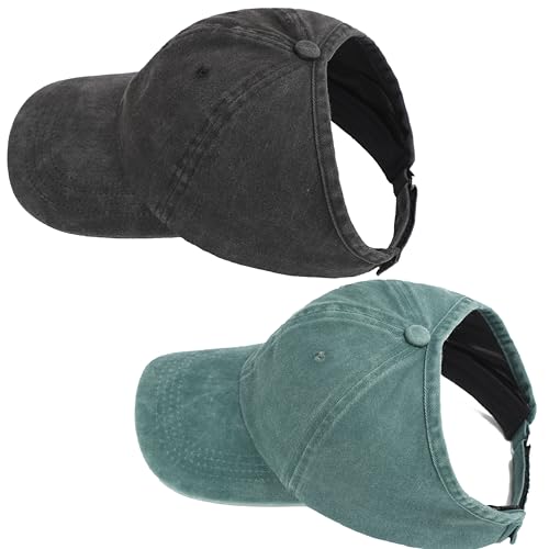 AICILY, Paquete de 2 gorras de béisbol sin parte trasera para mujer de pelo rizado o afro natural y cola de caballo, Negro y verde