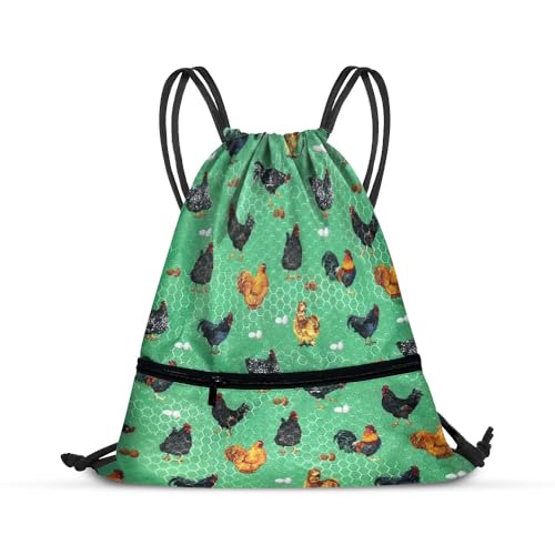 WIRESTER Drawstring String Bag Sackpack with Zipper Pocket, Foldable Sports Gym Yoga Shopping Beach Travel Bag for Men Women - Chicken Pattern