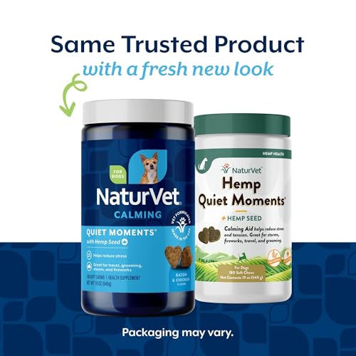 NaturVet Quiet Moments Calming Aid Dog Supplement, Helps Promote Relaxation, Reduce Stress, Storm Anxiety, Motion Sickness for Dogs (Quiet Moments Plus Hemp, 180 Soft Chews)