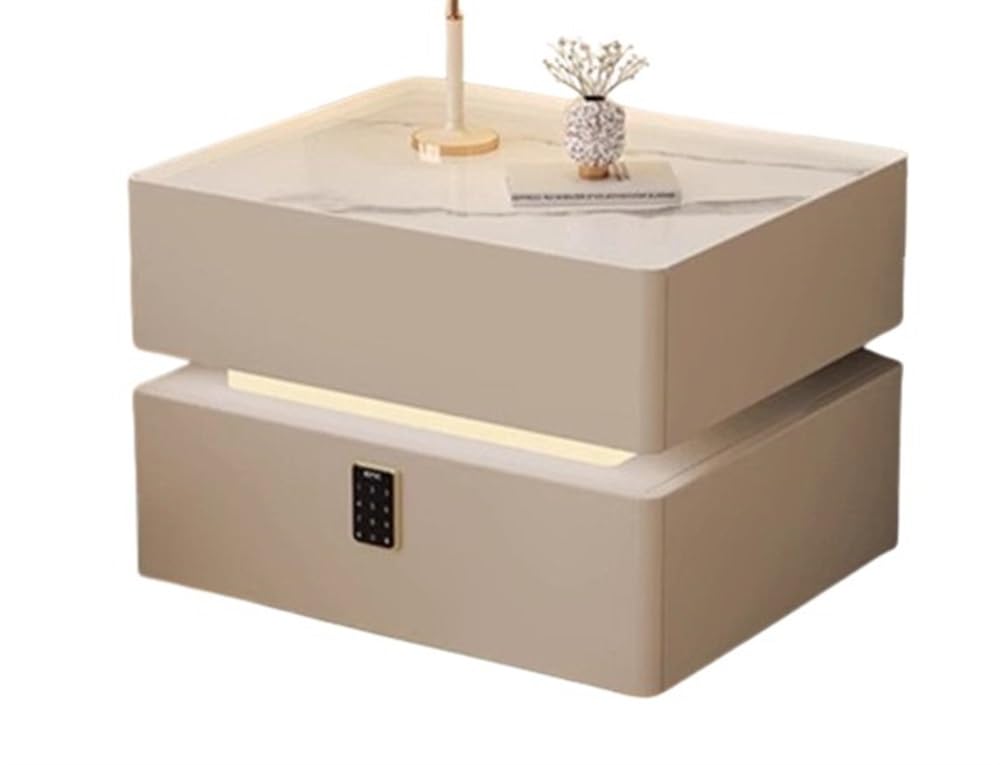 Nightstands, Nightstand with Smart Charging Modern End Table Wooden Nightstand with Combination Lock Tri-Color Light for Bedroom Living Room(Khaki,