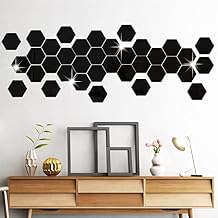 RW-103 36 PCS Acrylic Mirror Wall Stickers Hexagon Mirror Wall Decals DIY Removable 3D Geometric Hexagon Mirror Art Setting Wall Decor for Bedroom Living Room Office Kitchen Home Decoration Black