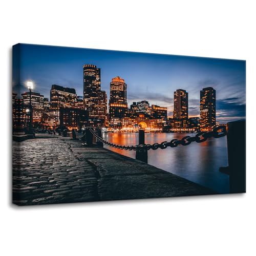 Pacimo Boston Cityscape Canvas Wall Art Print Skyscrapers Harbor Skyline Painting Wall Decor for Living Room Home Decoration Gallery Wrapped Posters and Prints Framed Ready to Hang 16"x24"