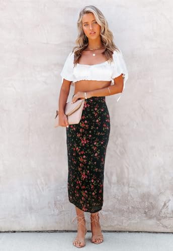 Image of HERBATOMIA Women's Floral Print Midi Skirt Casual High Elastic Waist Zipper Vintage Long Boho Skirts for Women