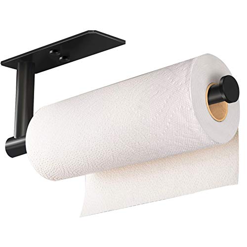 VAEHOLD Self Adhesive Paper Towel Holder Under Cabinet Mount, Wall Mount Paper Towel Roll Rack for Kitchen Cabinet, Bathroom, Wall - SUS304 Stainless Steel Black
