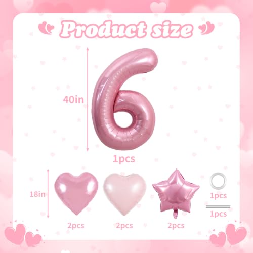 Image of TONIFUL 6th Birthday Balloons Kit 40 Inch Pink Large Number 6 Foil Balloon | with 18 Inch Helium Foil Star Shaped Balloons for Girls Women Birthday Anniversary Graduation New Year Eve Party Decoration