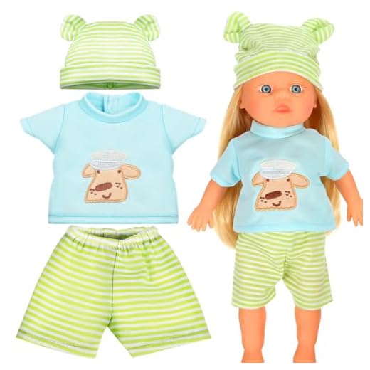 Toyvian Baby Doll Clothes for 10 Inch Girls Boys - Green Stripes Doll Clothes Outfits Includes Pant Hat for Reborn Baby Clothing Accessories