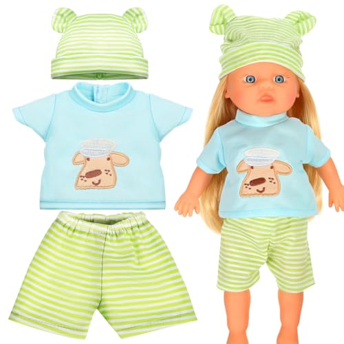 Toyvian Ropa de muñeca de bebé para niñas y niños de 10 pulgadas, ropa de muñeca con rayas verdes, incluye sombrero y pantalón para accesorios de ropa de bebé Reborn