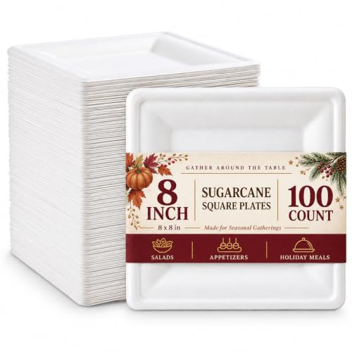 Tinybee 8 Inch Square Paper Plates, 100 Pack Heavy Duty Disposable