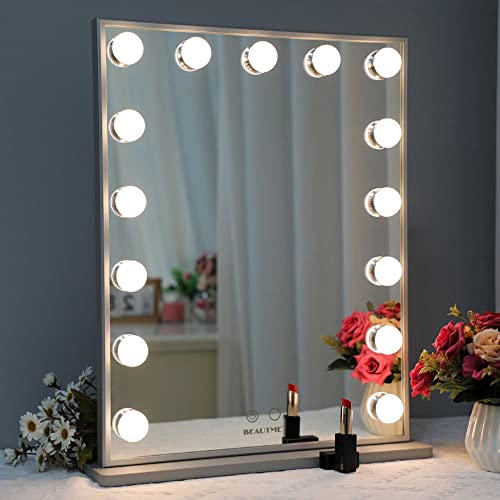 Hollywood Makeup Mirror with Lights,Vanity Mirror with 15pcs Adjustable Led Lights,Tabletop or Wall Mounted Dressing Illuminated Cosmetic Beauty Mirror Adjustable Brightness BEAUTME (silver) - Thumbnail 3