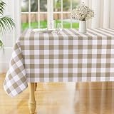 misaya Rectangle Waterproof Vinyl Table Cloth, Buffalo Flannel Backed Tablecloth, Wipeable Plastic Table Cover for Dinner, Cafe, Outdoor (52' x 70', Khaki and White)