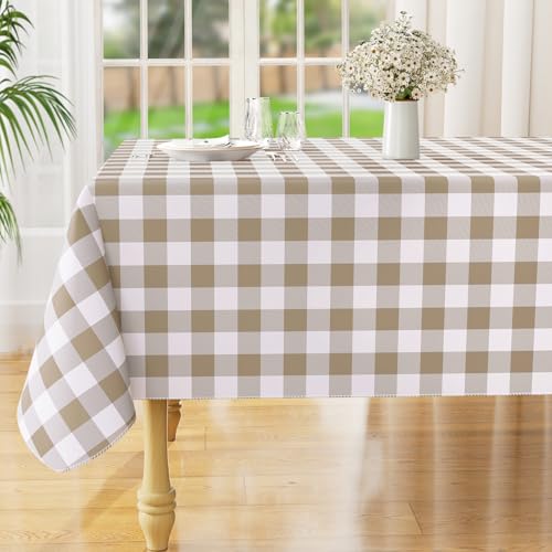 misaya Rectangle Waterproof Vinyl Table Cloth, Buffalo Flannel Backed Tablecloth, Wipeable Plastic Table Cover for Easter, Dinner, Cafe, Outdoor (60" x 120", Khaki and White)