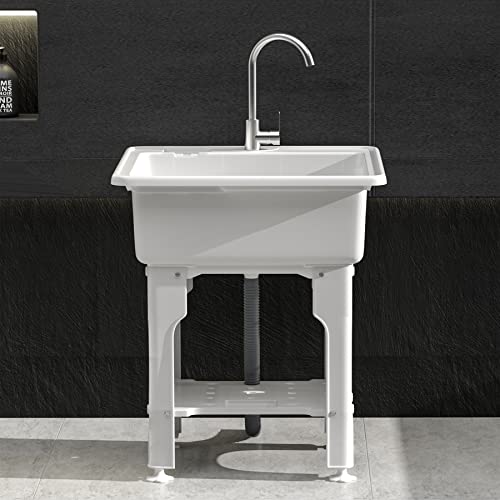 Freestanding Plastic Laundry Sink With Washboard, W25.4" × D22" × H31.5" Indoor And Outdoor Utility Sink With Cold And Hot Water Faucet, Hoses And Drain Kit For Laundry Room, Garage, Basement, Garden #TOP5