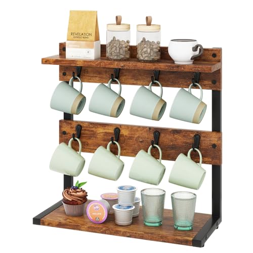 IBUYKE Rustic Coffee Mug Holder Stand, 2 Tier Countertop Mug Tree Holder Rack with Storage Base, Vintage Mug Holders for Kitchen, Holds 8 Mugs, Rustic Brown TBJ002H by IBUYKE - Used condition - CA$36.09