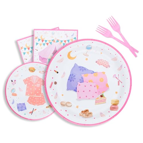 ColorOrca Pajama Party Decorations - Girls Sleepover Party Tableware Set Includes Plates, Forks, Napkins, For Pajamas Themed Slumber Party Decor Supplies | Serve 24