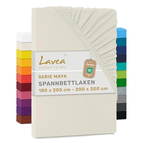 Lavea® Spannbettlaken 180x200cm - 200x200cm Maya Jersey, Bettlaken 100% Baumwolle, mit Rundumgummi für Matratzen bis 20 cm, atmungsaktiv, pflegeleicht, formstabil, Spannbetttücher, Creme Naturweiß