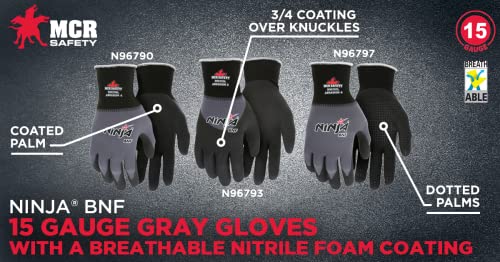 Mcr Safety Ninja Bnf N96790L Work Glove, 15 Gauge Nylon/Spandex Shell, Breathable Nitrile Foam (Bnf) Coated Palm & Fingertips, Large, Black / Gray #TOP5