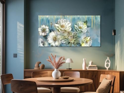 Ardemy Floral Canvas Wall Art for Living Room Large Magnolia White Flower Picture Bedroom Wall Decor Textured Turquoise Painting Modern Artwork Dining Room Kitchen Home Office, 40"x20" - Image 6
