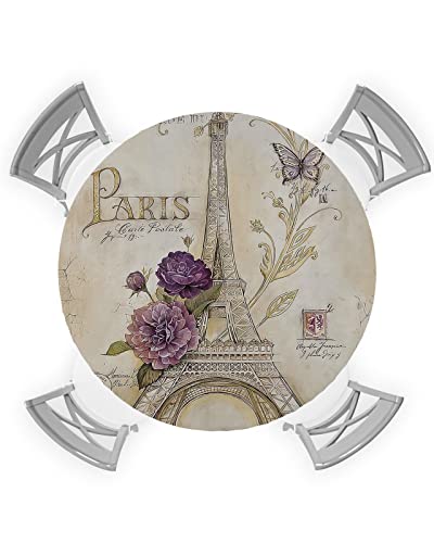 Table Round Cover Elastic Edged Tablecloth, Retro Paris Eiffel Tower Fitted Circle Tables Cover Waterproof Wipeable Tabletop Protector Cloth For Indoor Outdoor Use Purple Flowers And Butterfly #TOP27