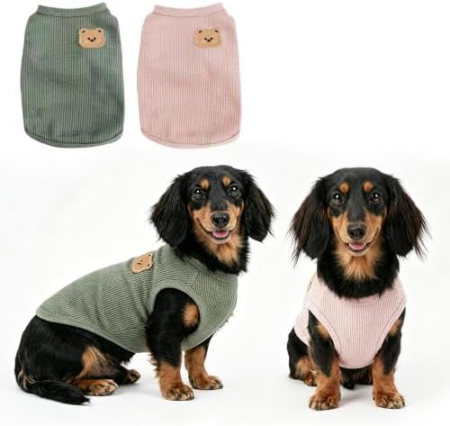COOHAMS Hundekleidung für Kleine Hunde, Hunde T‑Shirt für Welpe | Waffelstrick‑Hundehemd für kleine Hunde, T‑Shirt für Dackel, komfortabel für Sommer & Winter(Grün und Rosa,L)
