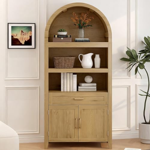 OOFAYJIA 63" Tall Arched Cabinets with Storage, Mid-Century Modern 5-Tier Bookshelf with Door, Wood Bookshelf W/Open Display Shelves for Living Room, Kitchen, Home Office (Style 1)
