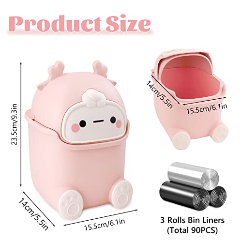 QLFJ-FurDec Small Wastebasket Bin with Lid, Cute Mini Office Bins and 3 Rolls Bin Liners, Cartoon Desk Dustbin 15.5 * 14 * 23.5cm for Home,Vanity Tabletop, Bedroom (Pink) - Image 4
