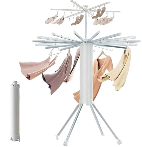 WUDLEP Cylinder Drying Rack, Octopus Clothing Quadrupod, Double Collapsible Laundry Drying Stand with Universal Wheel, 360° Rotation, Expandable 16 Dry Rods 24 Drying Clips, for Household & Camping