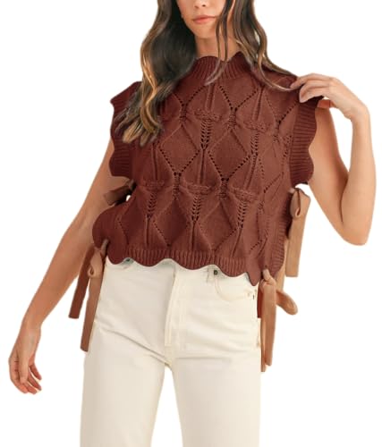 Image of Women Side Tie Sweater Vest Scallop Trim Mock Neck Knit Vest Bow Lace Up Ribbon Sweater Tank Top Knitwear
