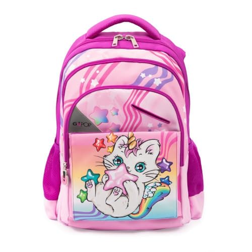 Go Pop - Zaino Modello Meowcorn, 3 Scomparti,Tasche Interne E Laterali Porta Borraccia, Schienale E Spallacci Imbottiti, Con Fascia Personalizzata E Pop Up, Lt 24, Dim 32x44x19, Scuola Elementare
