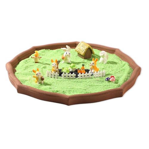 Zen Garden Kit - Bunny Cottage & Vibrant Green Sand Tray with 17 Mini Figurines, Wooden Octagon Tray for Easter Gifts, Spring Home Decor, Stress Relief & Mindfulness for Easter Gifts