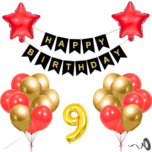 Image of Flyloons 9th Happy Birthday Decoration Kit Red Gold for Boys Girls Kids Twins Men Women With 20 Pcs Chrome Balloons Birthday Banner 2 Pcs Star Items Set