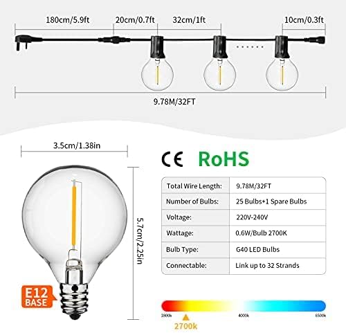 LED Outdoor String Lights, Hidixon 53.2FT Festoon Lights Outdoor with 30+2 Plastic E12 Bulbs, Garden Patio Outside Globe Lights, Waterproof IP44 for Indoor & Outdoor Wedding Backyard Café Party Décor