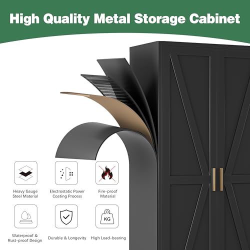 Image of Bevivog 71 inch Kitchen Pantry Cabinet, Metal Storage Cabinet with 2 Doors and 4 Adjustable Shelves, Farmhouse Black Metal Pantry Cabinets Storage for Kitchen, Home Office,Garage, Laundry Room