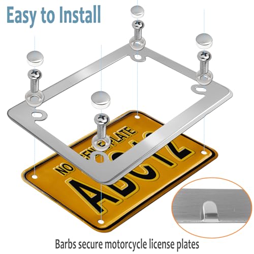 Image of BGGTMO Motorcycle License Plate Frame, Chrome Stainless Steel Tag Holder for Bike Moto Moped Motorbike Scooter, Cool Silver Metal Bracket with Screws Nuts Caps, 1 Pack