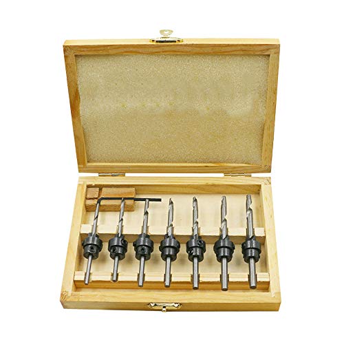 Buwico 7 Pack Countersink Drill Bits Set with Wood Box,Counter Sink Bit for Wood High Speed Steel, Woodworking Chamfer Carpentry Reamer With 1 Free Hex Key Wrench