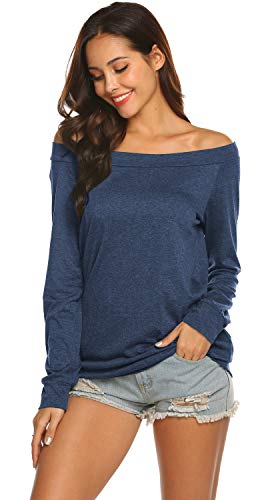 Halife Off Shoulder Blouse, Long Sleeve T Shirt Women Cotton Blend (M, Dark Blue)