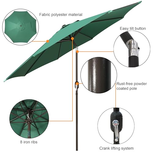 Blissun 9FT Patio Umbrella, Outdoor Table Umbrella, Yard Umbrella, Market Umbrella with 8 Sturdy Ribs, Push Button Tilt and Crank, Seaglass